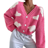 Loose V-Neck Clouds Fall Shoulder Knitted Cardigan Three Buckle Sweater Short