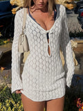 New Knitted Beach Hooded Sexy Hollow Knitted Short Dress Holiday Long-Sleeved