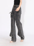 Vintage High Street Broad Leg Pants 2025 Summer New Personalized Design Stitching Button High-Waist Jeans