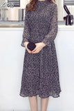 Women Dress 2023 Spring Autumn Floral Print Empire Midi Pleated Chiffon Dresses Flare Sleeve Stand Collar Vestidos 8634