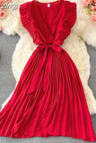 Women Green/Red/Beige Pleated Midi Dress Vintage V-Neck Draped Party Robe Female Elegant Casual Vestidos New Fashion