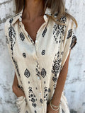New Summer Loose Leisure Short-Sleeved Cotton Shirt Pocket Print Dress
