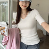 Slim Short-Sleeved Sweater Women's Spring And Summer New Thin Medium-Sleeved T-Shirt Five-Cent Sleeve