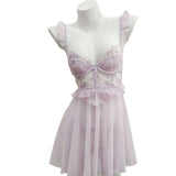 Sexy Lace Pajamas Perspective Mesh Embroidery Lotus Leaves Flying Side With T Pants Sling Pyjamas Pure Lust