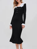 Retro-Collending Lotus Leaf-Side Elegant Knitted Dress Slimy Temperamental