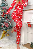 Women Christmas Rompers Pajamas Long Sleeve V Neck Cartoon Snowflake Elk Print Button Up Long Homewear Jumpsuits