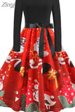Women Christmas Dress Vintage Robe Swing Elegant Party Xmas Long Sleeve Casual Print Black New Year
