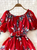 Women Floral Chiffon Dress Vacation Beach Vestidos Female Elegant Slash Neck High Waist A-Line Midi Robe Bohemian