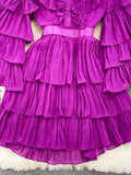 Vintage Women Cascading Ruffle Party Dress Elegant V-Neck Flare Long Sleeve High Waist A-Line Mini Vestidos Female