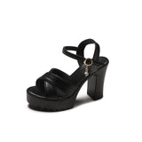 Women 2025 Summer New Korean Version Of High-Heeled Sandals One-Word Buckle Fashion Coarse Women's
