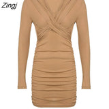 Sleeve Dresses Women Folds Sheath Sexy V-neck Solid Trendy Leisure Ulzzang Streetwear Elegant Females Платье Женское