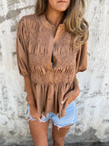 Summer New Solid Color Collar Button Casual Fashion Short Sleeves To Puff Shirt Women's