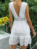 Mini Dress Women Boho Lace Dress Female Jacquard High Waist Slim Dress Ladies V Neck Sleeveless Backless Ruffles