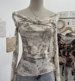 Shooting Strapped With Hollow Retro Print Long-Sleeved Mesh T-Shirt Ribbon Design Spring And Summer Top