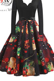 Women Elegant Vintage Christmas Party Dress Long Sleeve V Neck High Waist Casual Midi Xmas Winter Clothing S~3XL
