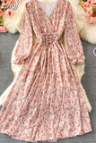 Autumn Women Floral Chiffon Midi Dress Vintage V-Neck Flare Long Sleeve High Waist A-Line Vestidos Female New