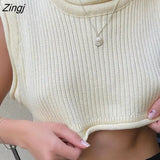 Women Fashion Sleeveless Round Neck Crop Top Loose Solid Color Ladies Stylish Knit Tank Tops for Daily Wear