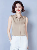 Summer Satin Blouse for Women Polo-Neck Sleeveless Vest Chiffon Shirts OL Womens Tops and Blouses Solid Fashion Ladies