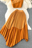 Women Sexy Pleated Two Piece Set Vacation Beach Hit Color Strapless Tops Camis + High Waist Irregular Draped Skirt