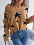 Autumn And Winter Casual V-Neck Star Cut Long-Sleeved Knitted Sweater Women's