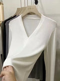 Zingj Temperament Goddess 2024 Autumn New Good Version V Collar Short Sleeve Female Slim Slim Elastic Cotton Black