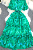 Women Vintage Tie Dye Printed Ruffle Pleated Long Dress Purple/Red/Blue/Green Stand Collar Single Breasted Maxi Robe