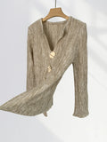Zingj Mocha Lazy Wind French V Neck Slit Sweater Women's New Autumn Design Sense Top Button