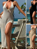 Beach Hooded Jersey Hollow Knitted Back Sexy Open Slings Long Beach Skirt Sun Protection