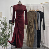 Design Sexy High Open Fork Folded Small Squint Dress Half-High Collared Shoulder Dress