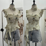 Shoot French Retro Irregular Lotus With Chest Cushions With Ribbon Sling Vest Summer Chiffon Top