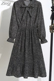 Women Elegant Casual Floral Print Autumn Winter Pleated Dress Vintage Bow Collar Long Sleeve Chiffon Shirt Dress 2023 Robe