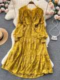 Autumn Women Lace Midi Dress Vintage Round Neck Lantern Long Sleeve High Waist A-Line Elegant Party Robe New Fashion