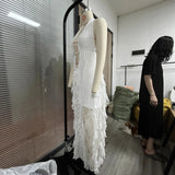 Sleeveless Slings With Lot Leaves Side-Off Long Dress Hot Net Yarn Splicing Holiday