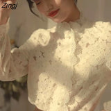 Shirts Women Temperament French Vintage Stand Collar Long Sleeve Casual Office Lady All-match Tops Elegant Autumn