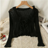 Ruffles Cardigan Slim Women Casual Transparent Sweater Shirts Lady Thin Solid Coats Female Crop