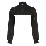 Work Style Zipper Short-Sized Hoodie Shirt Hottie Tie Collar Zipper Long-Sleeved Casual