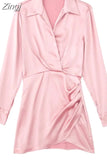 Pink Satin Dress Woman Wrap Short Dresses For Women 2023 Long Sleeve Mini White Dress Lady Fashion Elegant Party
