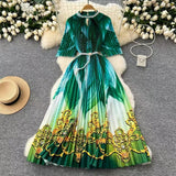 Women's Niche Elegant Dress New Hollow Nail Ball Neck-To-Celing Waist-Print Folding Long