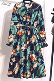 Women Floral Chiffon Dress Autumn Winter Long Sleeve Elastic Waist Bow Collar Casual Elegant Party Office Dresses
