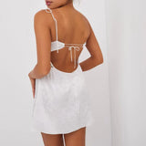 White Floral Satin Mesh Tie Up Slip Mini Dress-Outfit