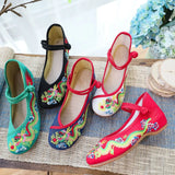 Zingj Dragon] Retro Embroidery Dragon Grain Shallow Mouth Plate Buckle Low Heel Canvas Embroidered Cloth Shoes Women's Single
