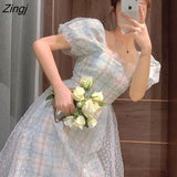Puff Sleeve Midi Dress Women Square Collar Design Court Vintage Dress Femme Casual Korea Slim Chiffon Summer Dresses