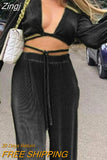 Sexy Green Pants Set Women Casual Loose Bandage Blouses Shirt Matching Wide Leg Trousers Suit Elegant 2 Piece Pant