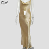 Gold Satin Lace Up Sexy Party Dress Women Strap Backless Silk Long Dress Elegant Club Evening Soft Winter Dress