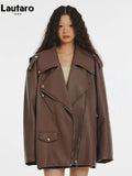 Spring Autumn Cool Oversized Soft Brown Pu Leather Biker Jacket Women Loose Chic Luxury Designer Unisex Clothes