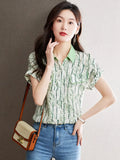 Fashion Women Shirts V-Neck Print Vintage Top Button Up Shirt Short Casual Shirts Summer 2023 Ladies Tops OL Womens