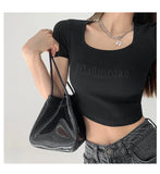 Zingj Letter Embroidered Slim Bottom Shirt Square Collar Low Breast Collarbone Short-Sleeve T-Shirt Midcrop High Waist