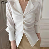 Women Office Ladies Trendy All-match Folds Solid Elegant Simple Casual Spring Korean Slim Retro Chic New Design