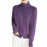 2025 New Retro Buckle Design High-Necked Ladies Knitted Cardigan Pure Color Ocean Sweater