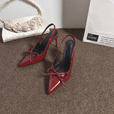 Women 2025 Summer New Sexy Pointed Wine Red Bow Bow Head Thin Heeled French